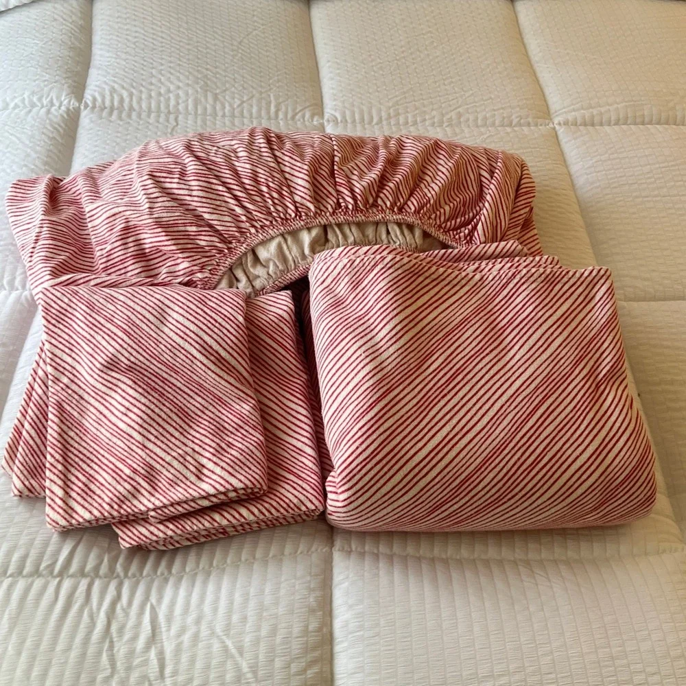 Garnet Hill Hable Construction Flannel Sheet Set Queen Red White Stripe Portugal